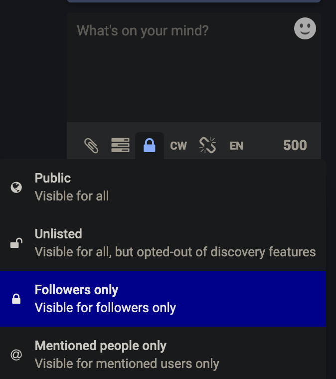 Screen clipping with "Public", "Unlisted", "Followers only", "Mentioned people only"