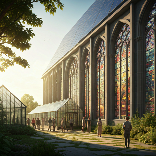 A huge cathedral with solar panel roofing sits next to greenhouses