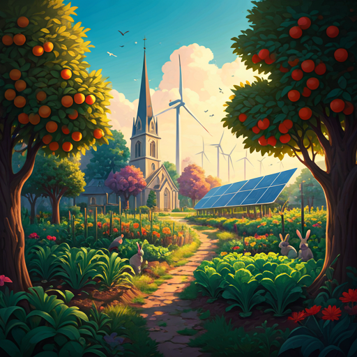 Rabbits sit on a garden path, which leads past vegetables and a solar panel array to a prominently-steepled church. A line of wind turbines fades into distant golden clouds.